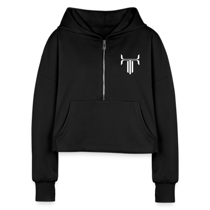 Fock off 3/4 zip crop hoodie - black